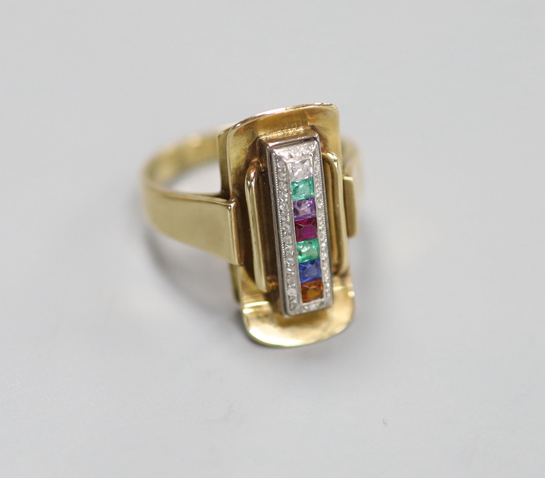 A stylish mid 20th century 585 yellow metal and multi gem set rectangular 'Dearest' ring